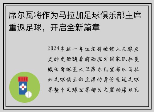 席尔瓦将作为马拉加足球俱乐部主席重返足球，开启全新篇章