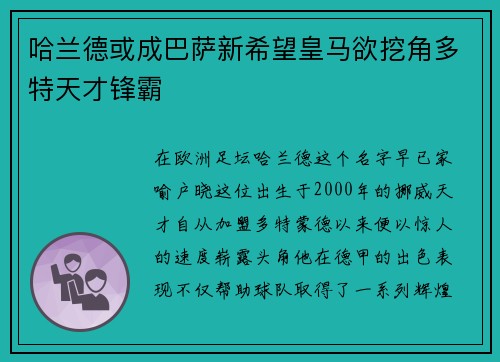 哈兰德或成巴萨新希望皇马欲挖角多特天才锋霸