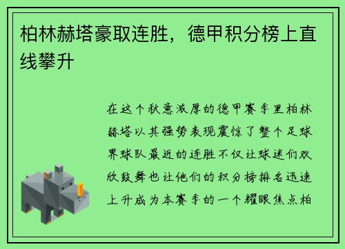 柏林赫塔豪取连胜，德甲积分榜上直线攀升