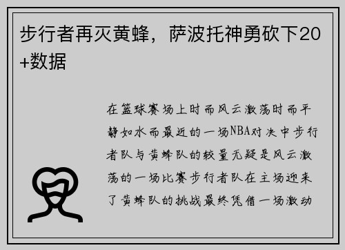 步行者再灭黄蜂，萨波托神勇砍下20+数据