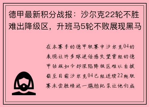 德甲最新积分战报：沙尔克22轮不胜难出降级区，升班马5轮不败展现黑马本色
