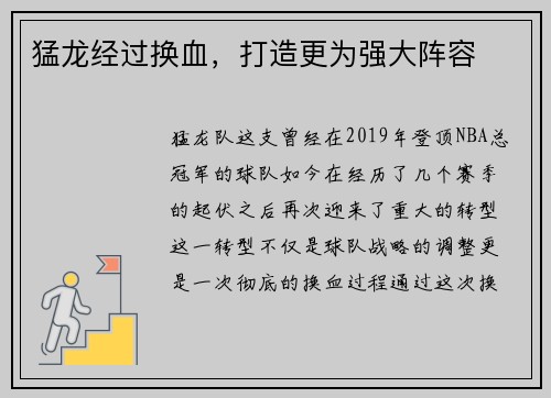 猛龙经过换血，打造更为强大阵容