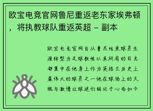 欧宝电竞官网鲁尼重返老东家埃弗顿，将执教球队重返英超 - 副本