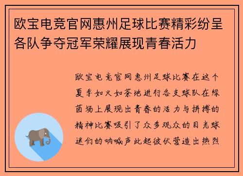 欧宝电竞官网惠州足球比赛精彩纷呈各队争夺冠军荣耀展现青春活力