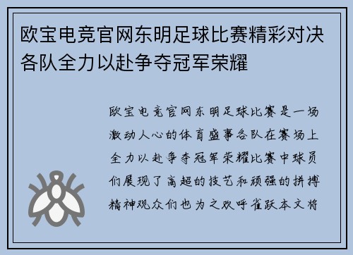 欧宝电竞官网东明足球比赛精彩对决各队全力以赴争夺冠军荣耀