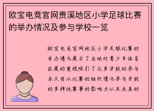 欧宝电竞官网贵溪地区小学足球比赛的举办情况及参与学校一览