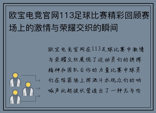 欧宝电竞官网113足球比赛精彩回顾赛场上的激情与荣耀交织的瞬间